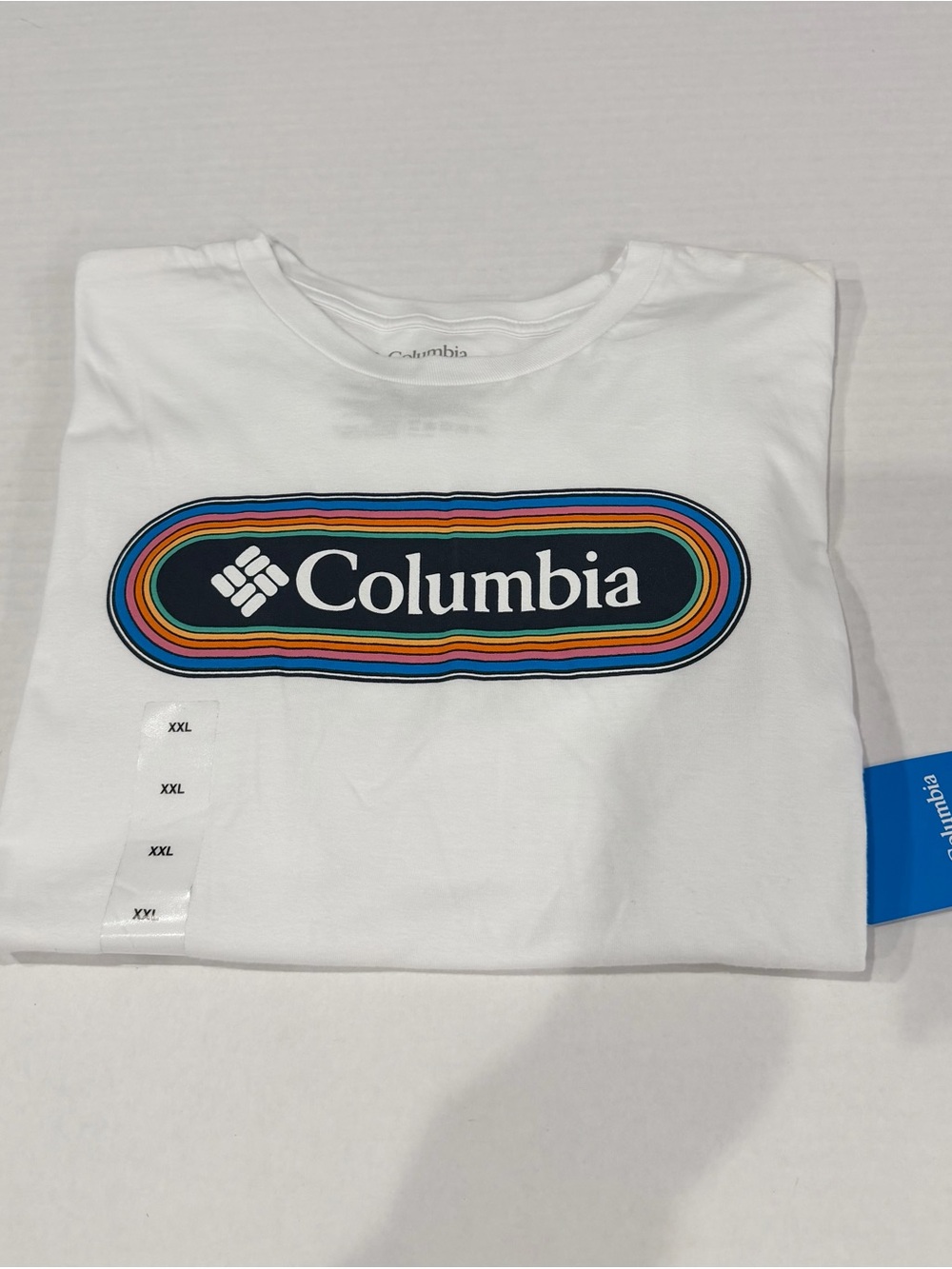 Columbia White Short-Sleeve Logo Tee with Multi-Color Stripe
